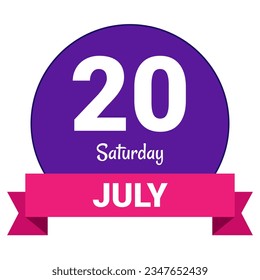 20 July, Saturday. Date template. Useful design for calendar or event promotion. Vector illustration EPS 10 File. Isolated on white background. 