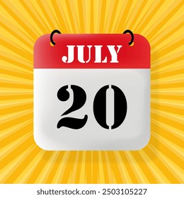 20 July. Speech bubble with calendar 2024, 2025. Year, month, day, week, time management. Planning concept. 3d illustration. Pop art style. Vector line icon for Business and Advertising