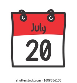 20 July. Vector flat daily calendar icon. Date and time, day, month. Holiday