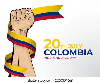 20 July. Vector illustration of Happy Independence Day greeting card for the country of Colombia with clenched fists and a flag ribbon. Use for banners on a white background.