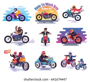 20 June 2017 Ride to Work Day vector illustrations set. Characters in leather jackets and helmets drive motorcycles isolated on white background.