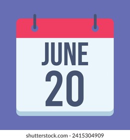 Calendario 20 de junio. Fondo Azul. Calendario de vectores.

