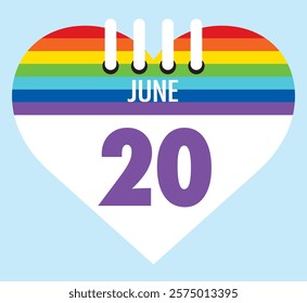 20 June calendar icon pride color heart shape on light sky blue color background, calendar vector symbol for the month of  June.