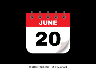 20 June calendar icon text page monthly web design on red, white and black background vector, icon, or illustration with the month of June 20