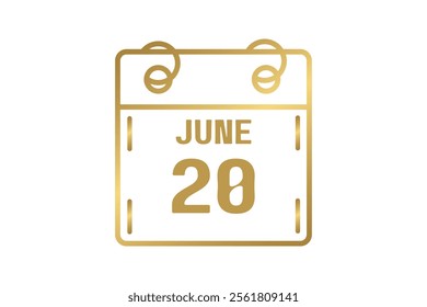 20 June calendar icon text page monthly web design on golden and white background vector, icon, or illustration with the month of June 20