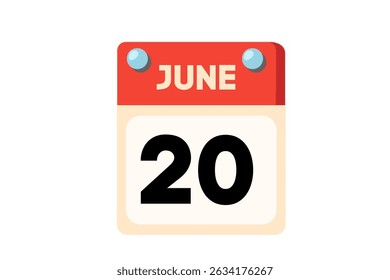 20 June calendar icon text page monthly web design on Coral, Peach, Black, Blue and White background vector, icon, or illustration with the month of June 20