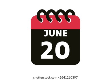 20 June calendar icon text page monthly web design on red, black and white background vector, icon, or illustration with the month of June 20