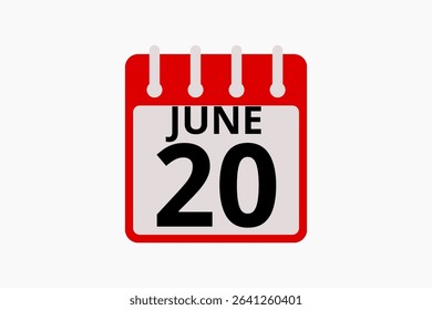 20 June calendar icon text page monthly web design on red, black and white background vector, icon, or illustration with the month of June 20