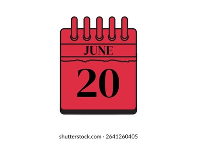 20 June calendar icon text page monthly web design on red, black and white background vector, icon, or illustration with the month of June 20