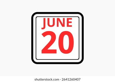 20 June calendar icon text page monthly web design on red, black and white background vector, icon, or illustration with the month of June 20