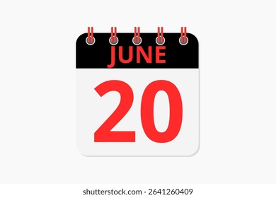 20 June calendar icon text page monthly web design on red, black and white background vector, icon, or illustration with the month of June 20