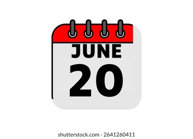 20 June calendar icon text page monthly web design on red, black and white background vector, icon, or illustration with the month of June 20