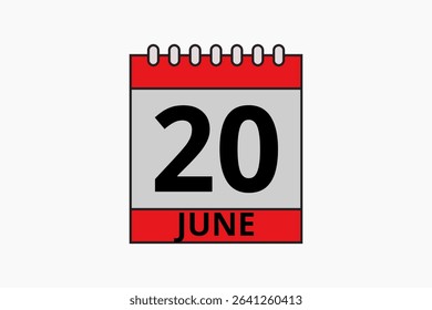 20 June calendar icon text page monthly web design on red, black and white background vector, icon, or illustration with the month of June 20