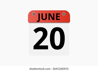 20 June calendar icon text page monthly web design on red, black and white background vector, icon, or illustration with the month of June 20