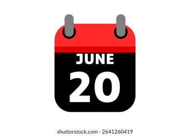 20 June calendar icon text page monthly web design on red, black and white background vector, icon, or illustration with the month of June 20