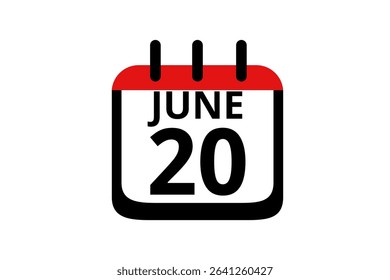 20 June calendar icon text page monthly web design on red, black and white background vector, icon, or illustration with the month of June 20