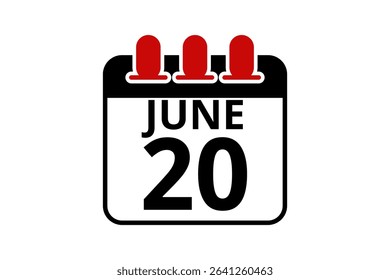 20 June calendar icon text page monthly web design on red, black and white background vector, icon, or illustration with the month of June 20