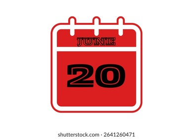 20 June calendar icon text page monthly web design on red, black and white background vector, icon, or illustration with the month of June 20