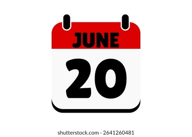 20 June calendar icon text page monthly web design on red, black and white background vector, icon, or illustration with the month of June 20
