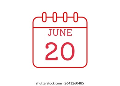 20 June calendar icon text page monthly web design on red, black and white background vector, icon, or illustration with the month of June 20