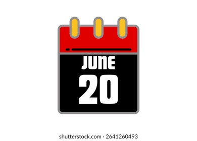 20 June calendar icon text page monthly web design on red, black and white background vector, icon, or illustration with the month of June 20