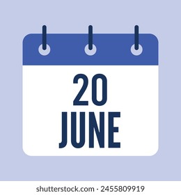 20 June Calendar, Isolated Vector Calendar.