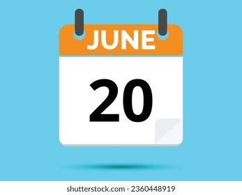 20 June. Flat icon calendar isolated on blue background. Vector illustration.