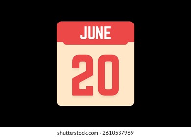 20 June icon text page monthly web design on coral, white, tangerine and black background vector, icon, or illustration with the month of June 20