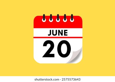 20 June month single day vector, illustration, calendar with red, black, white and yellow color background calendar June 20