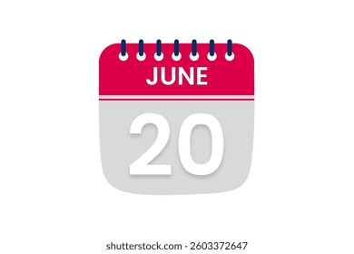 20 June month single day vector, illustration, calendar with red, off white and white color background calendar June 20