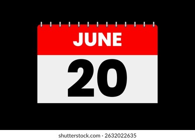 20 junho mês vetor dia único, ilustração, calendário com vermelho, off-white e preto cor de fundo ícone do calendário de 20 de junho