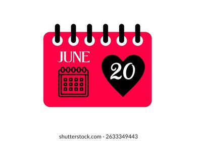 20 de junio mes Vector de un solo día, ilustración, calendario con el icono de calendario de fondo rojo, negro y blanco del 20 de junio