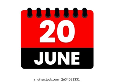 20 June month single day vector, illustration, calendar with red, black and white color background calendar icon of June 20