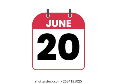 20 junho mês vetor dia único, ilustração, calendário com vermelho, preto e branco ícone de calendário de fundo de cor de 20 de junho