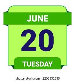 20 June, Tuesday. Date template. Useful design for calendar or event promotion. Vector illustration EPS 10 File. Isolated on white background.