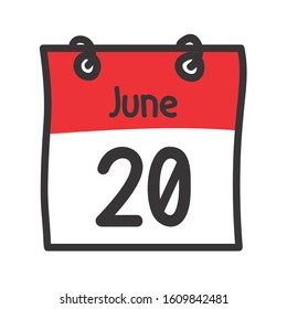 20 June. Vector flat daily calendar icon. Date and time, day, month. Holiday