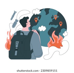 20 June, world refugee day. Refugee abandone home because of war and look for a safe place to live. Social crisis idea, volunteer help. Flat vector illustration