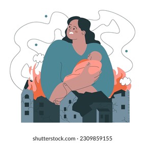 20 June, world refugee day. Female refugee with a little baby abandone destroyed home because of war and look for a safe place to live. Social crisis idea, volunteer help. Flat vector illustration