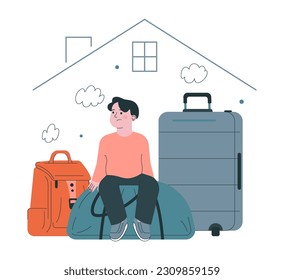 20 June, world refugee day. Little kid refugee with a suitcases and bags abandone home because of war and look for a safe place to live. Social crisis idea, volunteer help. Flat vector illustration