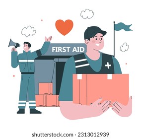 20 June, world refugee day. Refugees first aid. Local volunteers help migrants with humanitarian support. Social crisis idea. Flat vector illustration