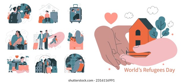 20 June, world refugee day set. Refugee abandone home because of war and look for a safe place to live. Social crisis idea, volunteer help. Flat vector illustration