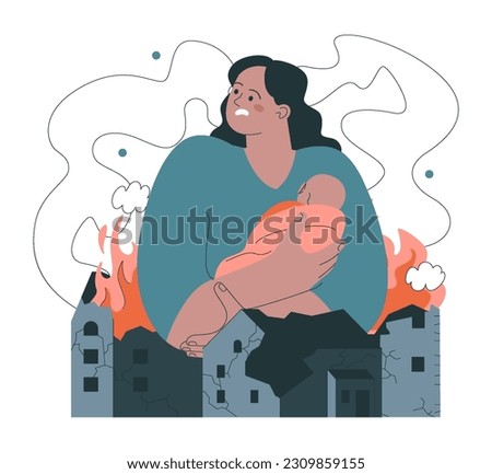20 June, world refugee day. Female refugee with a little baby abandone destroyed home because of war and look for a safe place to live. Social crisis idea, volunteer help. Flat vector illustration