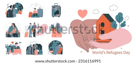 20 June, world refugee day set. Refugee abandone home because of war and look for a safe place to live. Social crisis idea, volunteer help. Flat vector illustration Foto stock © 