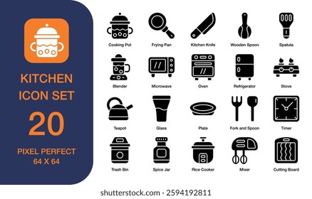 20 kitchen icons in 64 x 64 size are perfect for food related apps, websites, or designs, featuring editable strokes.