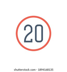 Signo vectorial del límite de velocidad de 20 kmh, Signos del límite de velocidad del símbolo de 20 km, icono de glifo de forma plana y sólida, aislado en fondo blanco