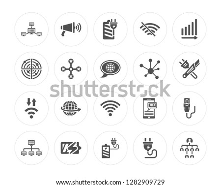20 Lan, Megaphone, Charging, Battery, , Scheme, Full, Medium, Drone modern icons on round shapes, vector illustration, eps10, trendy icon set.