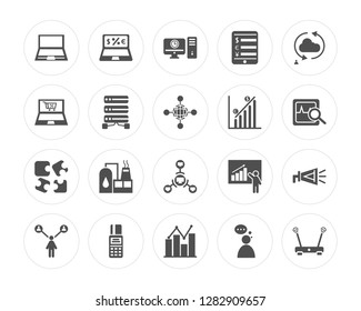 20 Laptop, Online shop, Analytics, Payment method, Network, Cloud computing, Puzzle, Database modern icons on round shapes, vector illustration, eps10, trendy icon set.