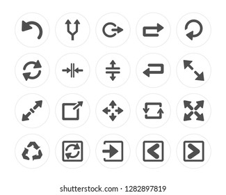 20 Left Curve Arrow, Split Arrows, Enter Left, Loading Three Curved Reload Undo Zoom Directions modern icons on round shapes, vector illustration, eps10, trendy icon set.