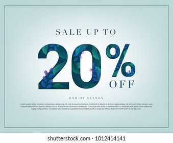20% lettering handmade with leaves and flower tropical decoration. For Sale discount, Web Promotion, Poster Banner Background, Sign and symbol. Luxury unique style, Green color, Vector illustration