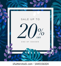 20% lettering handmade with leaves and flower tropical decoration. For Sale discount, Web Promotion, Poster Banner Background, Sign and symbol. Luxury unique style, Green color, Vector illustration